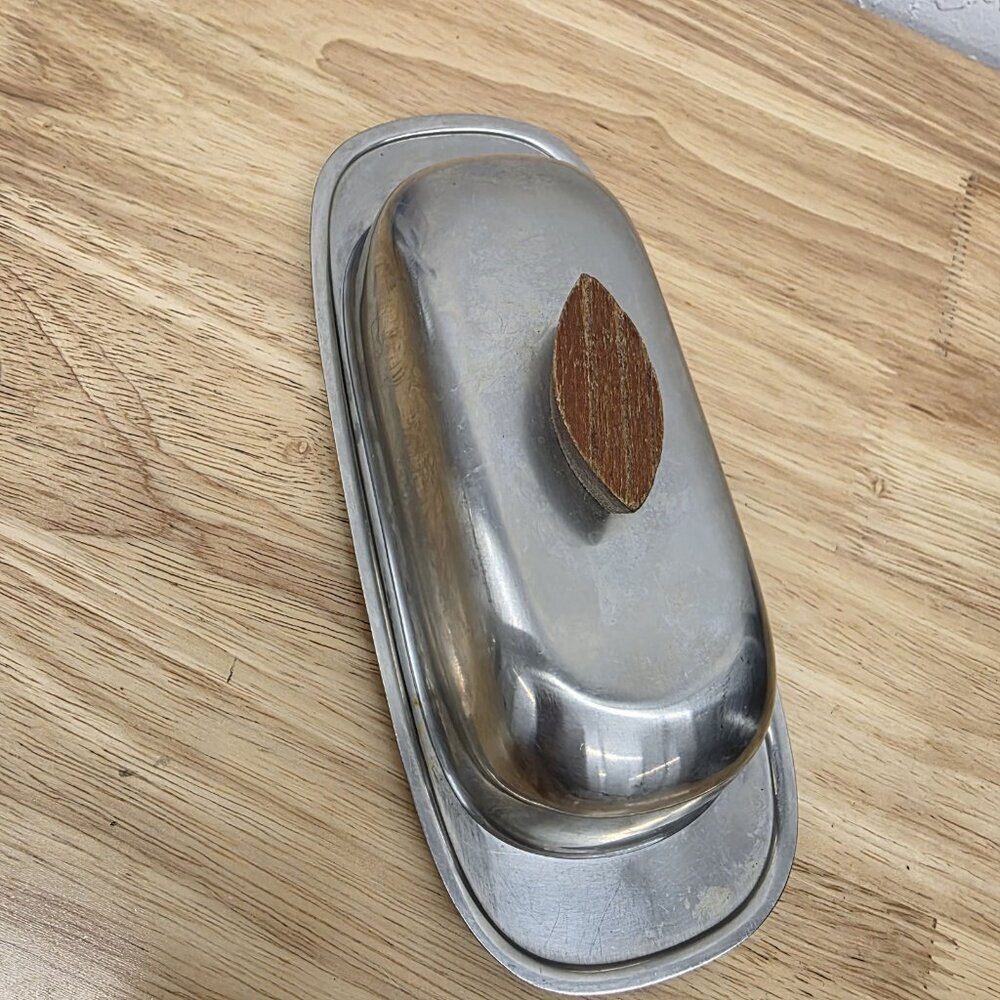 Butter Dish Stainless Steel MCM Wood Handle Dolphin Vintage - Picture 2 of 7